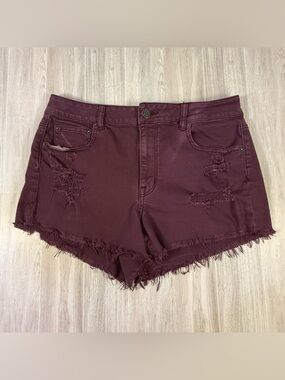 American Eagle Burgundy Distressed Cutoff Denim Shorts Women’s Raw Hem Size 14